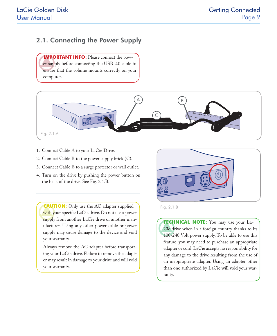 Connecting the power supply | LaCie Golden Disk USB 2.0 User Manual | Page 10 / 25