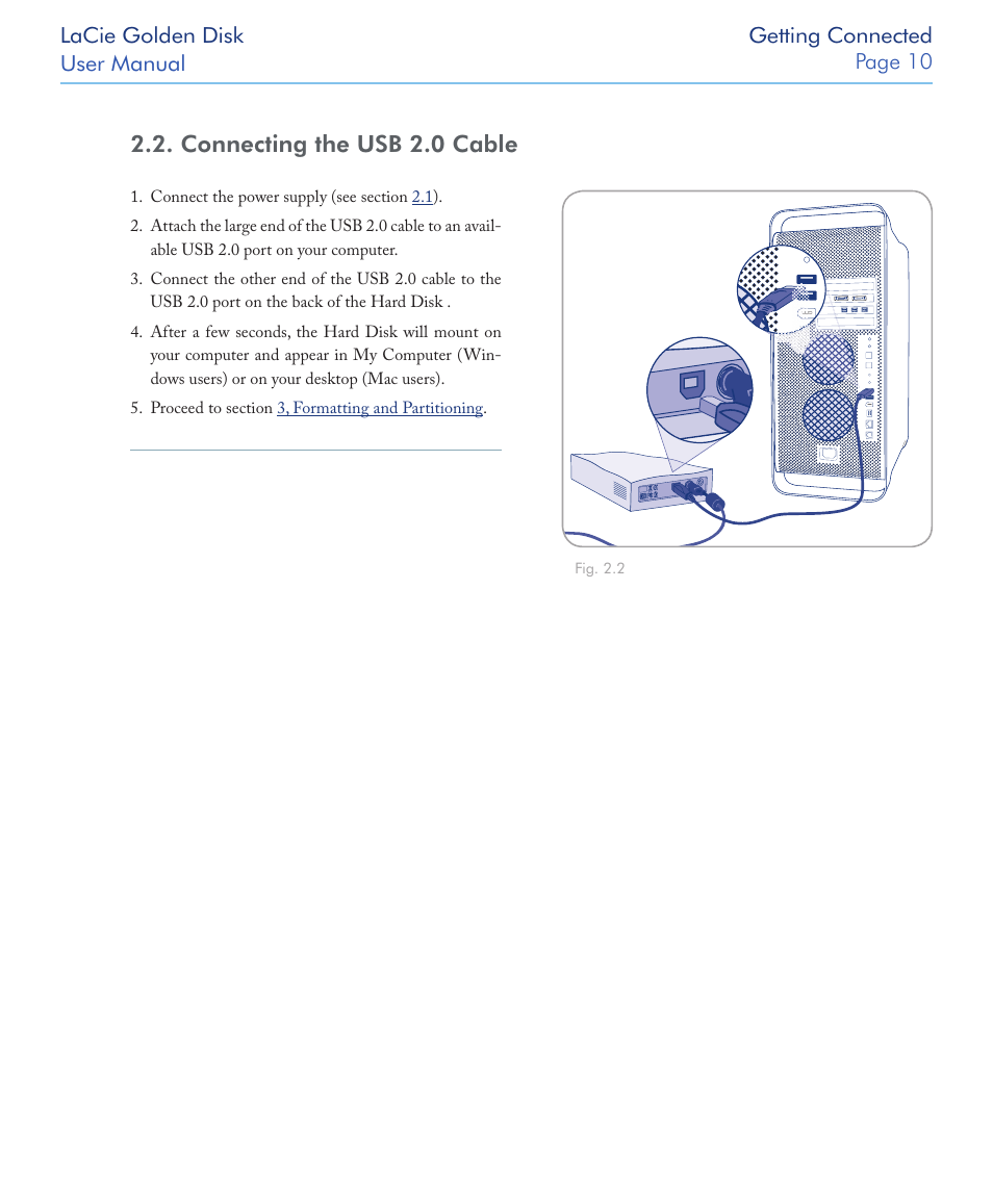 Connecting the usb 2.0 cable | LaCie Golden Disk USB 2.0 User Manual | Page 11 / 25