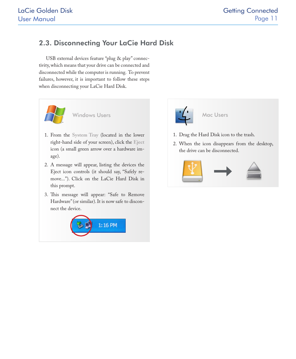 Disconnecting your lacie hard disk | LaCie Golden Disk USB 2.0 User Manual | Page 12 / 25