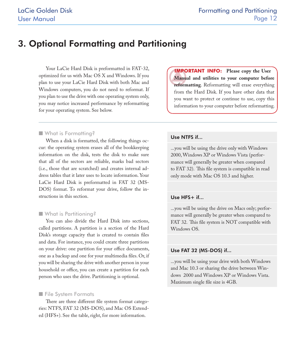 Optional formatting and partitioning | LaCie Golden Disk USB 2.0 User Manual | Page 13 / 25