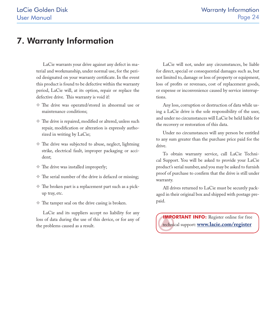 Warranty information, Lacie golden disk user manual, Warranty information page | LaCie Golden Disk USB 2.0 User Manual | Page 25 / 25