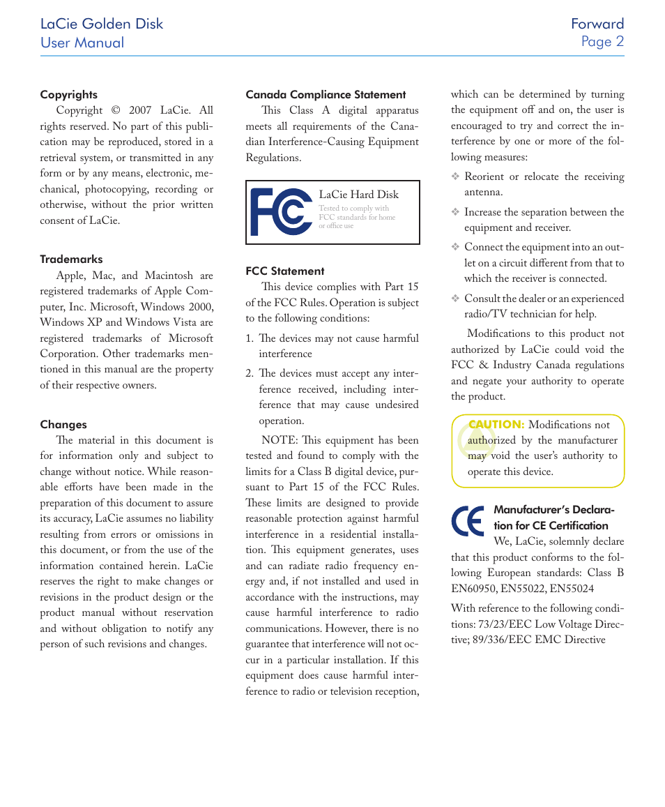 Lacie golden disk user manual forward page | LaCie Golden Disk USB 2.0 User Manual | Page 3 / 25