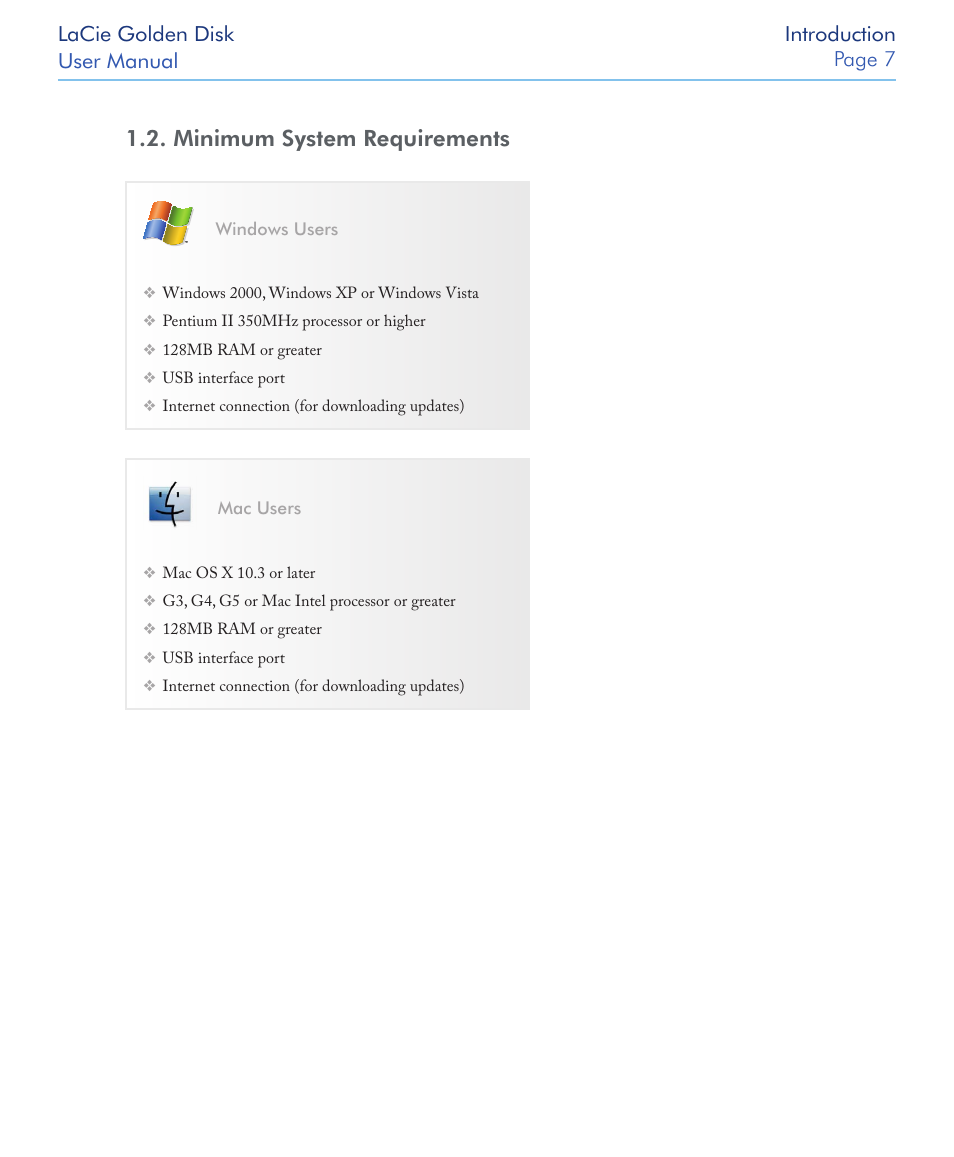 Minimum system requirements | LaCie Golden Disk USB 2.0 User Manual | Page 8 / 25