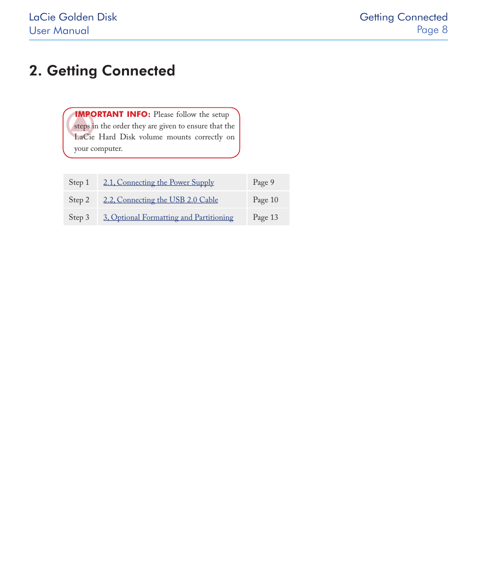 Getting connected | LaCie Golden Disk USB 2.0 User Manual | Page 9 / 25