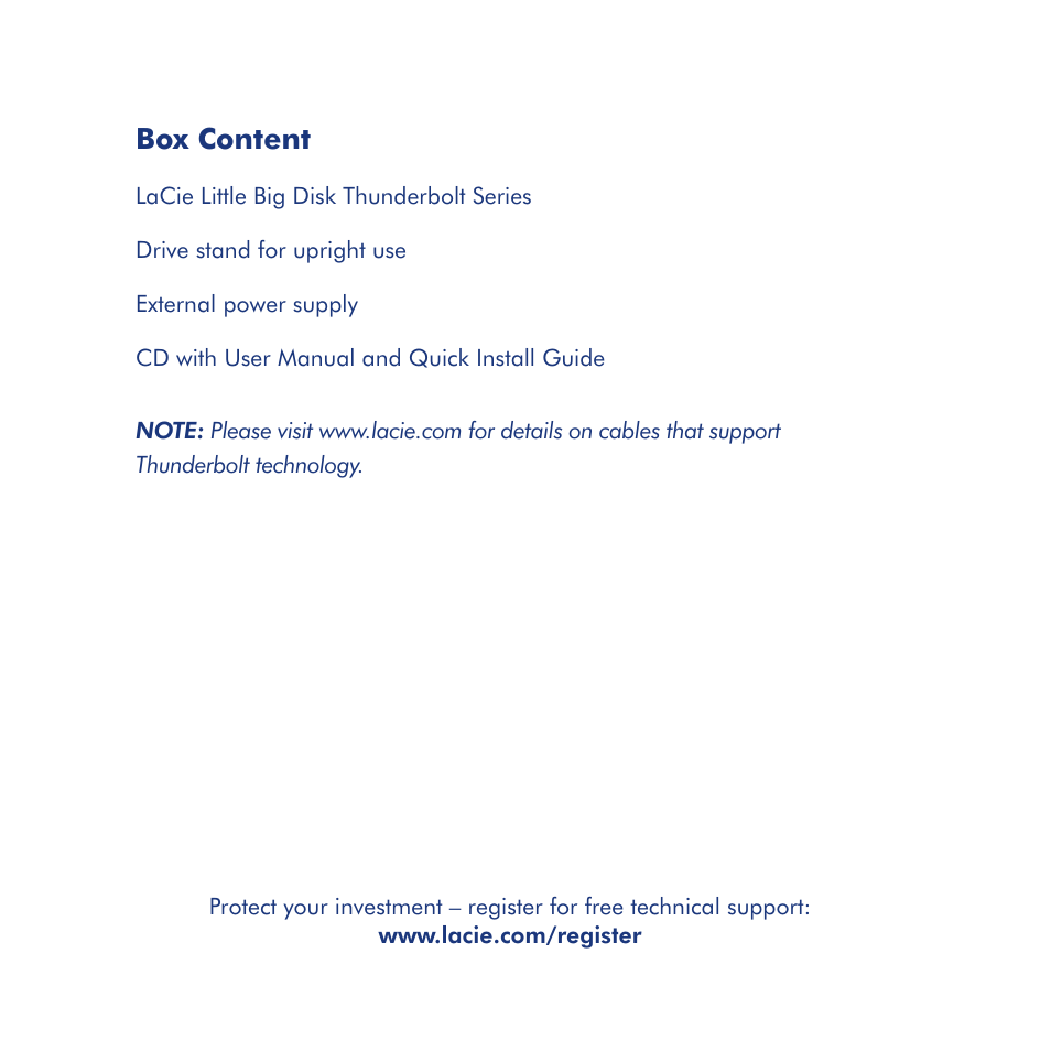 Box content | LaCie Little Big Disk Thunderbolt Series User Manual | Page 2 / 24