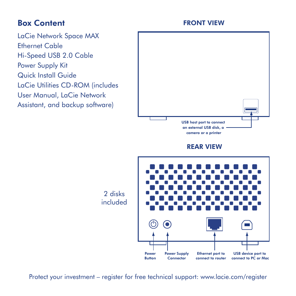 Box content, 2 disks included, Front view | Rear view | LaCie network space MAX User Manual | Page 2 / 24