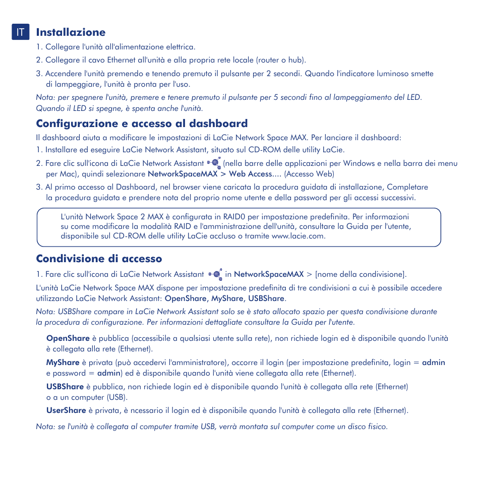 Installazione, Configurazione e accesso al dashboard, Condivisione di accesso | LaCie network space MAX User Manual | Page 7 / 24