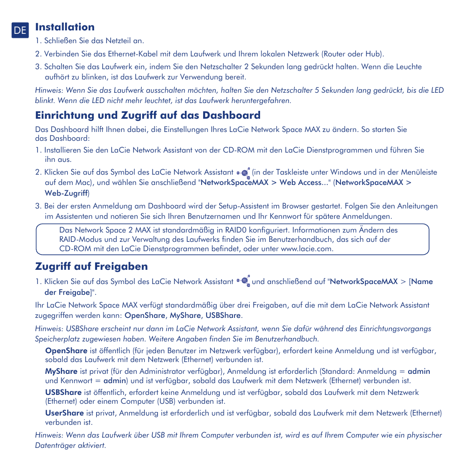 Installation, Einrichtung und zugriff auf das dashboard, Zugriff auf freigaben | LaCie network space MAX User Manual | Page 8 / 24