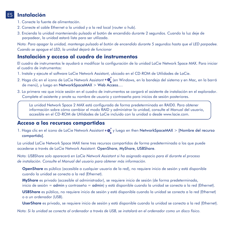 Instalación, Instalación y acceso al cuadro de instrumentos, Acceso a los recursos compartidos | LaCie network space MAX User Manual | Page 9 / 24