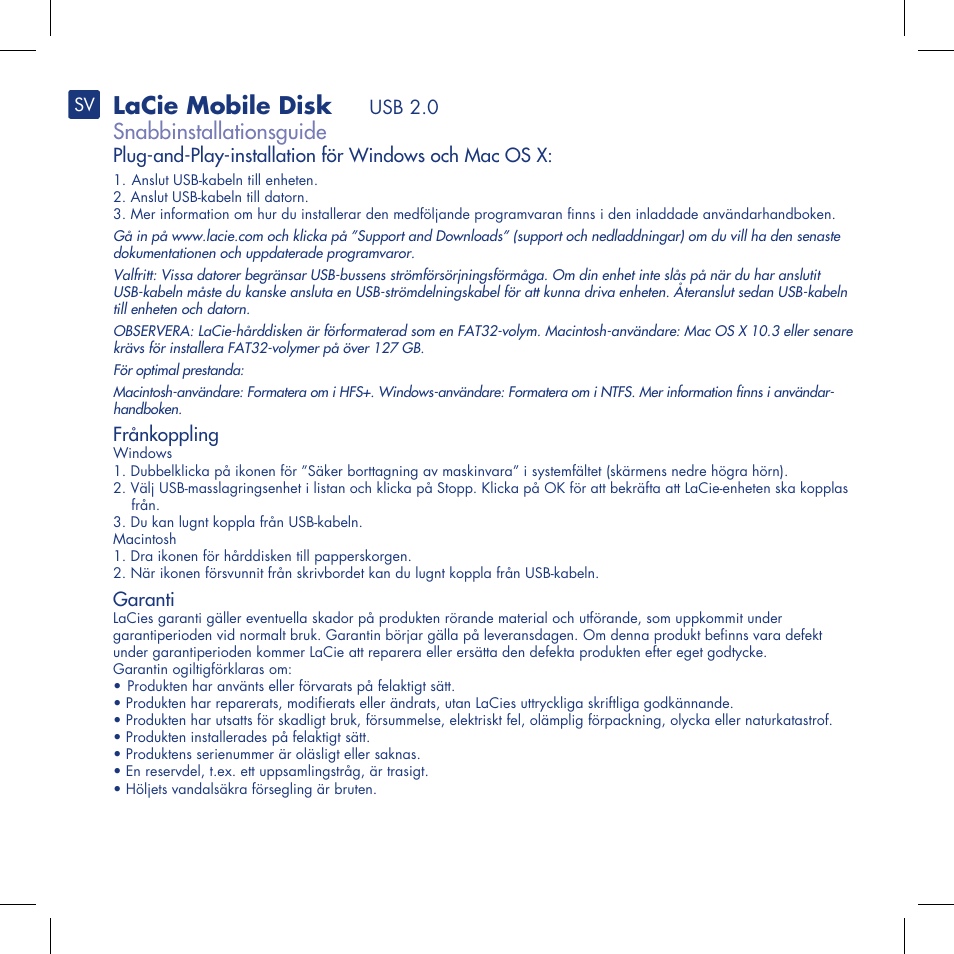 Lacie mobile disk, Snabbinstallationsguide | LaCie Mobile Disk User Manual | Page 11 / 22