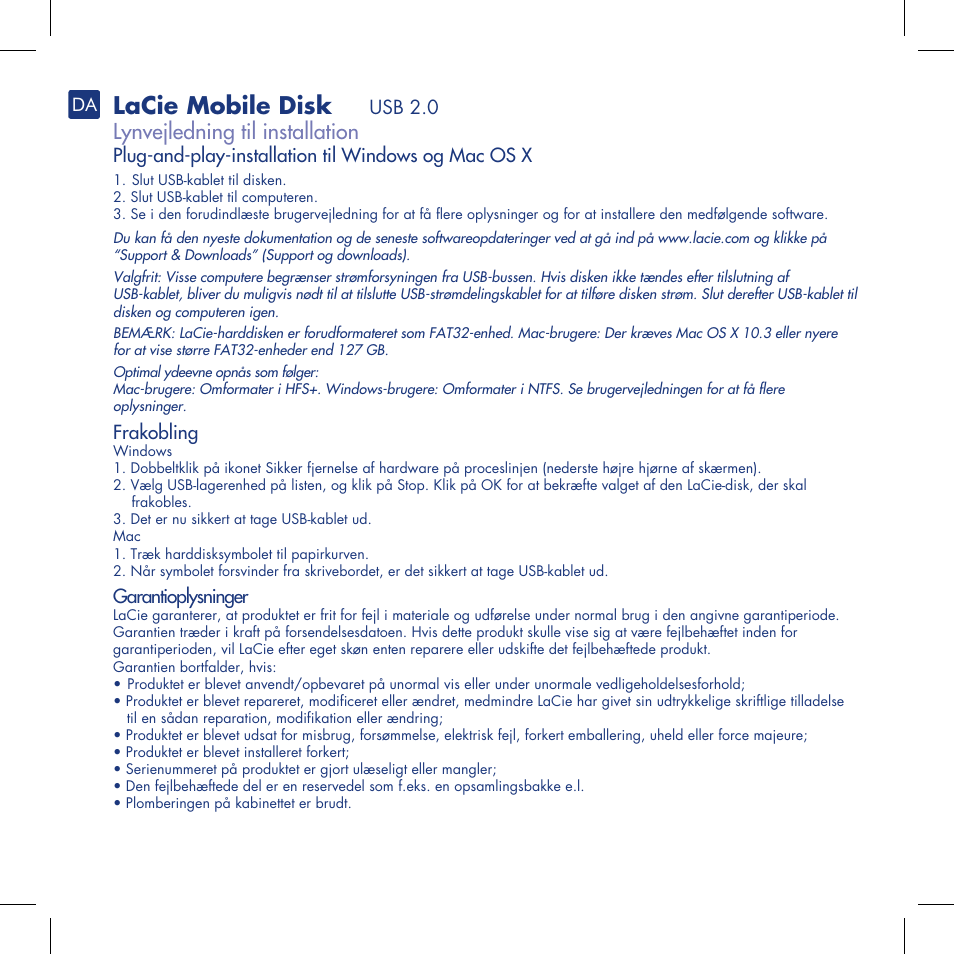 Lacie mobile disk, Lynvejledning til installation | LaCie Mobile Disk User Manual | Page 12 / 22