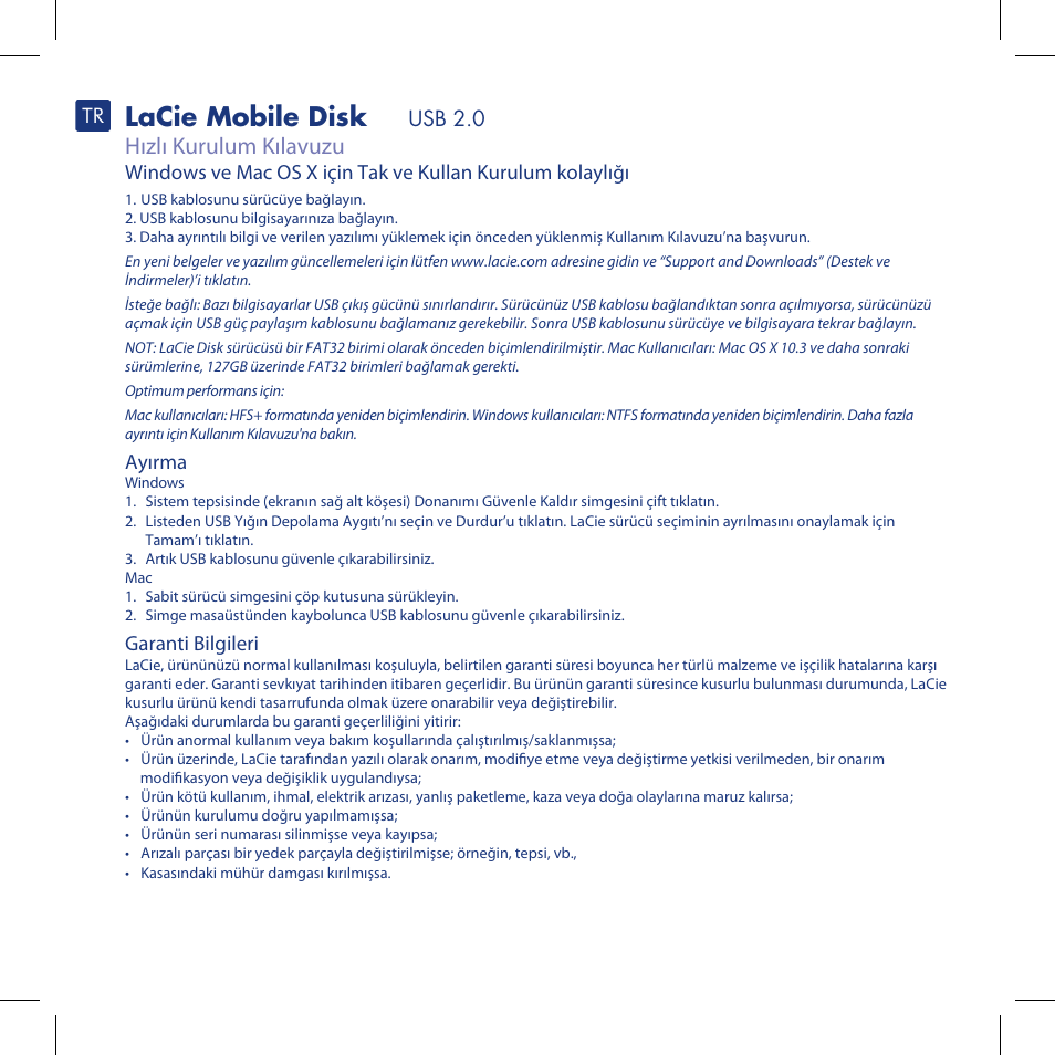 Lacie mobile disk, Hızlı kurulum kılavuzu | LaCie Mobile Disk User Manual | Page 20 / 22