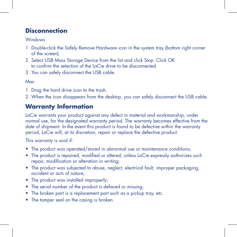 Disconnection, Warranty information | LaCie Mobile Disk User Manual | Page 4 / 22