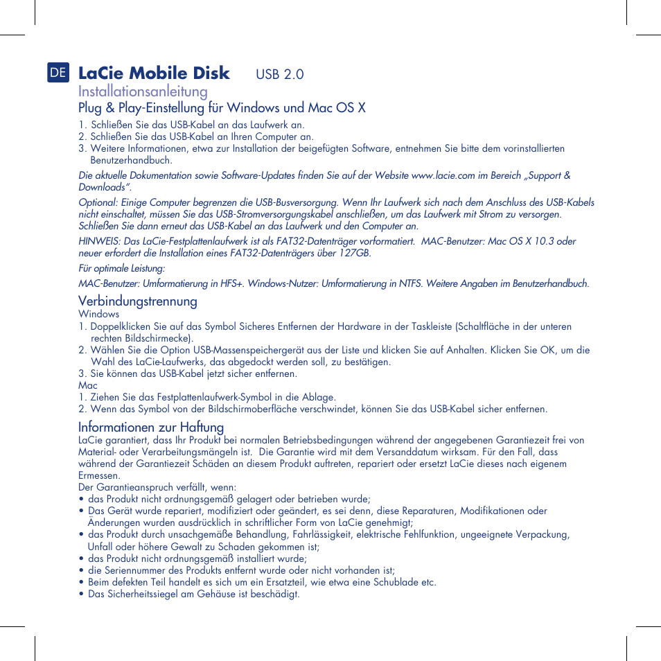 Lacie mobile disk, Installationsanleitung | LaCie Mobile Disk User Manual | Page 7 / 22