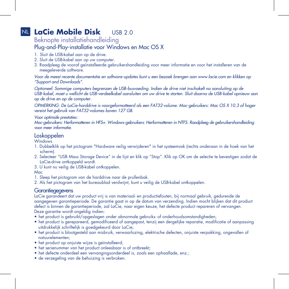 Lacie mobile disk, Beknopte installatiehandleiding | LaCie Mobile Disk User Manual | Page 9 / 22