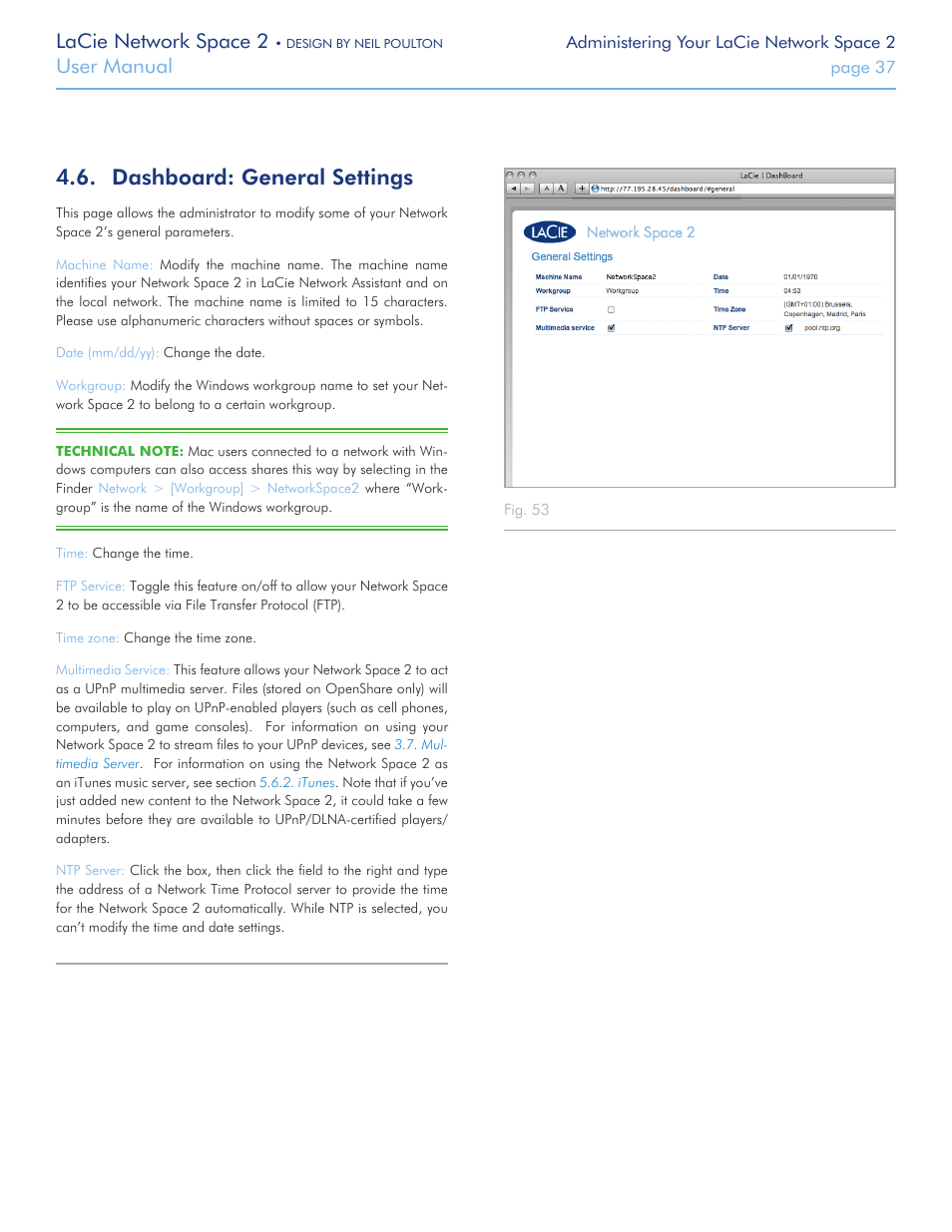 Dashboard: general settings, As described in sections, Lacie network space 2 | User manual | LaCie 2 User Manual | Page 37 / 65