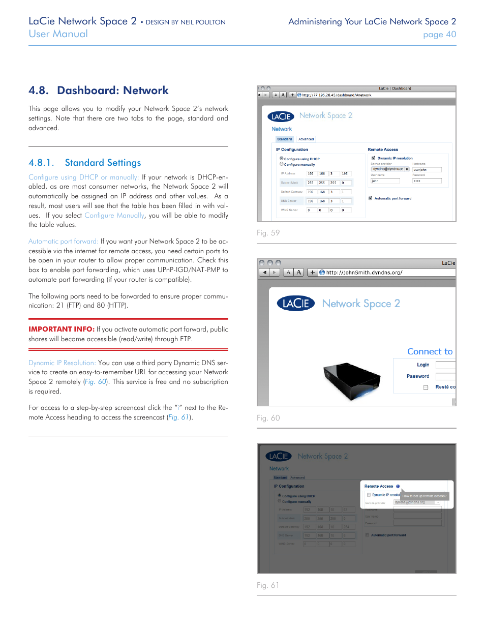 Dashboard: network, Standard settings, Dashboard | Network, Lacie network space 2, User manual | LaCie 2 User Manual | Page 40 / 65
