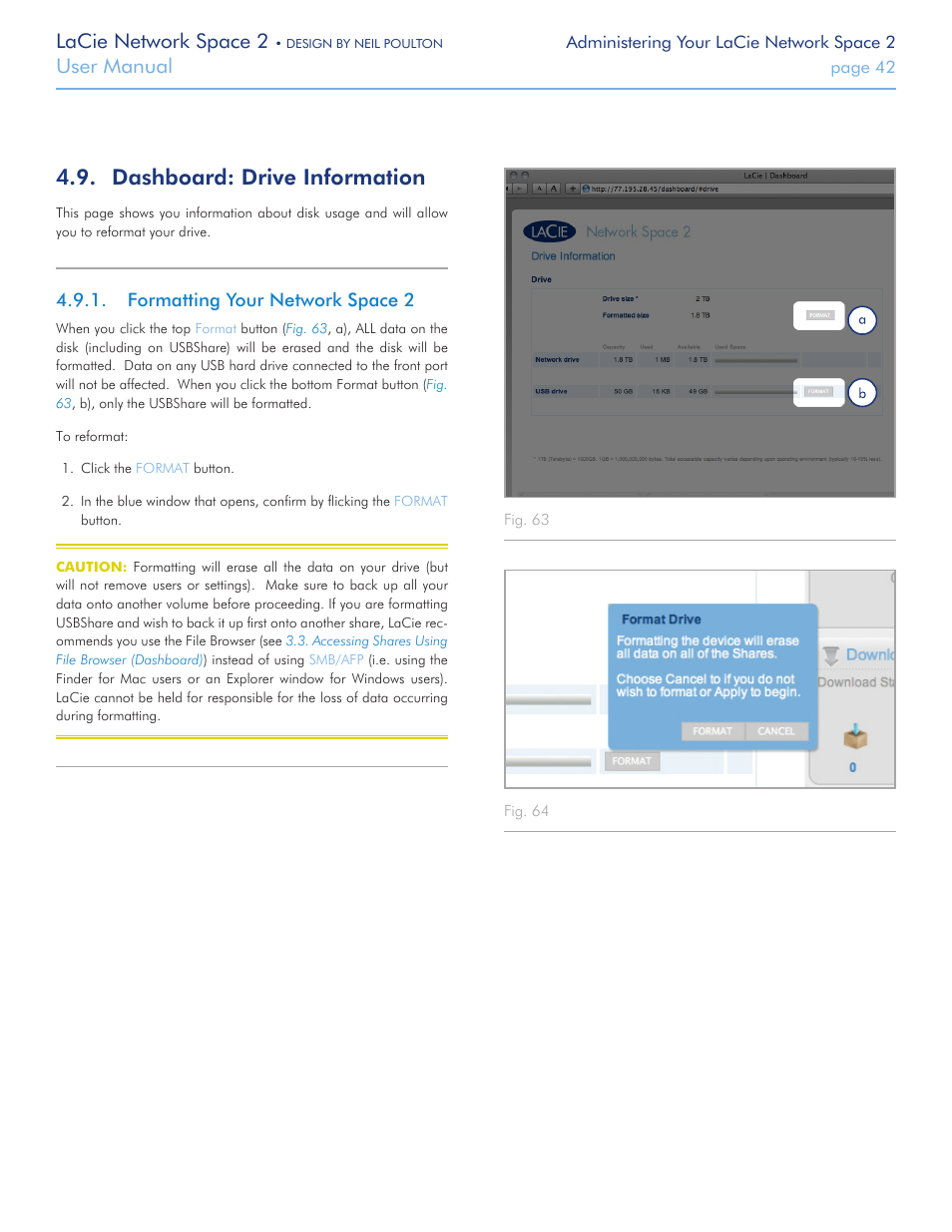 Dashboard: drive information, Formatting your network space 2, Dashboard: drive | Information, Fat32) using the dashboard (see, Dashboard: drive informa, Tion, Lacie network space 2, User manual | LaCie 2 User Manual | Page 42 / 65