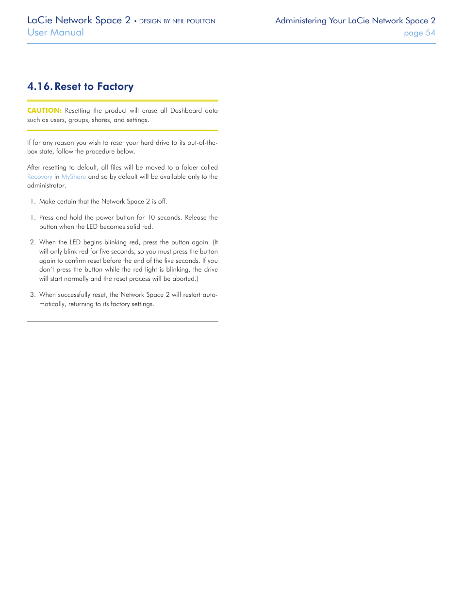 Reset to factory, Tory conditions (see, Following the procedure in | Lacie network space 2, User manual | LaCie 2 User Manual | Page 54 / 65