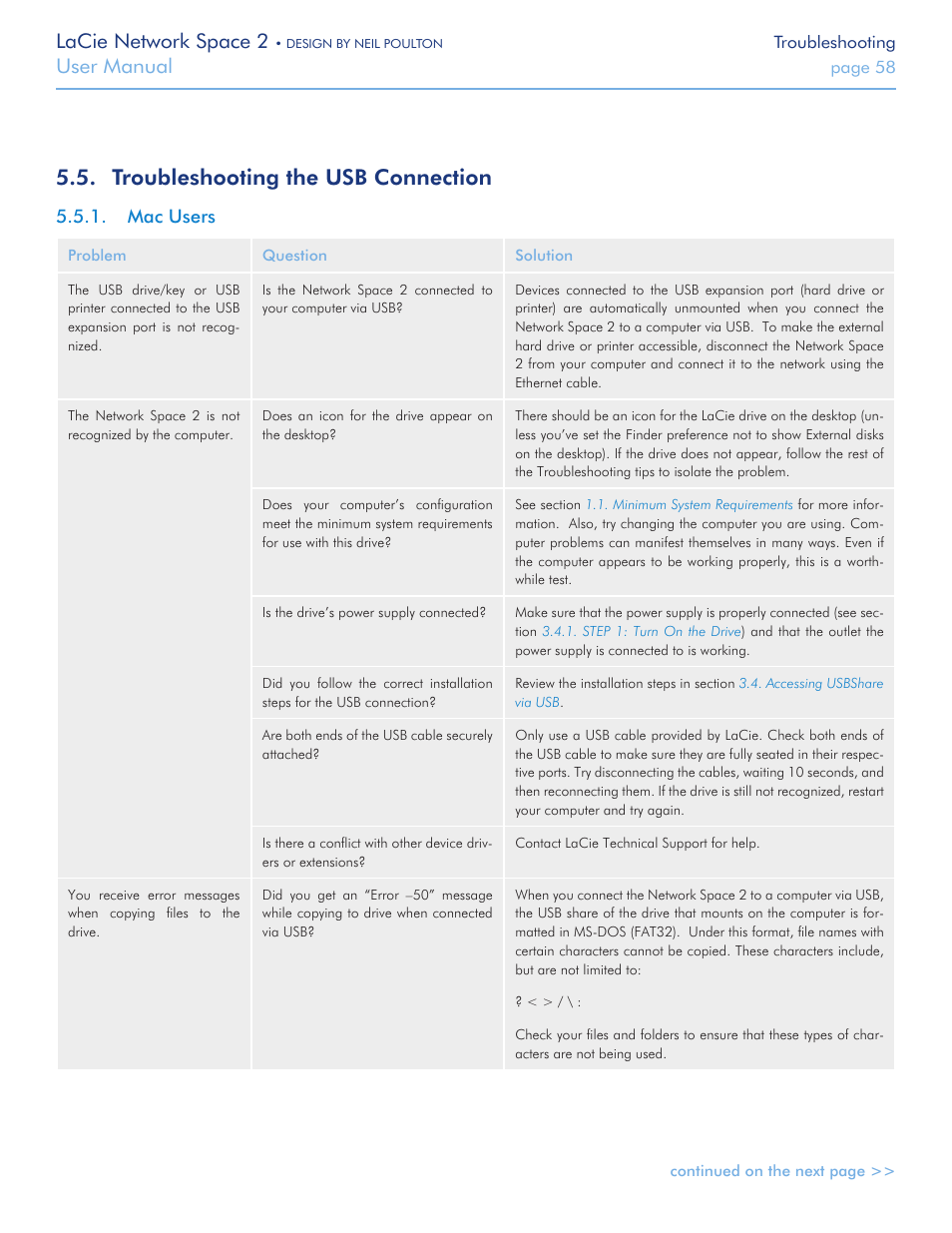 Troubleshooting the usb connection, Mac users, Lacie network space 2 | User manual | LaCie 2 User Manual | Page 58 / 65