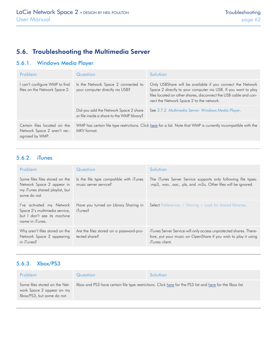 Troubleshooting the multimedia server, Windows media player, Itunes | Xbox/ps3, Windows media player 5.6.2. itunes 5.6.3. xbox/ps3, An itunes music server, see section, Note that, Lacie network space 2, User manual | LaCie 2 User Manual | Page 62 / 65