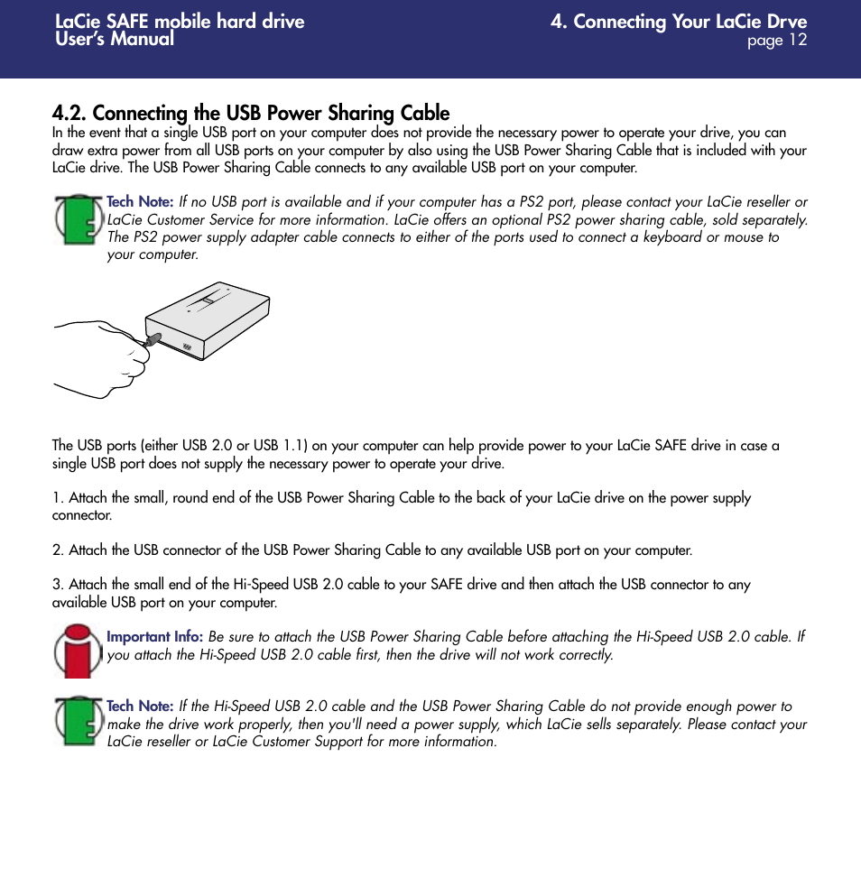 Connecting the usb power sharing cable | LaCie 1.0 User Manual | Page 13 / 51
