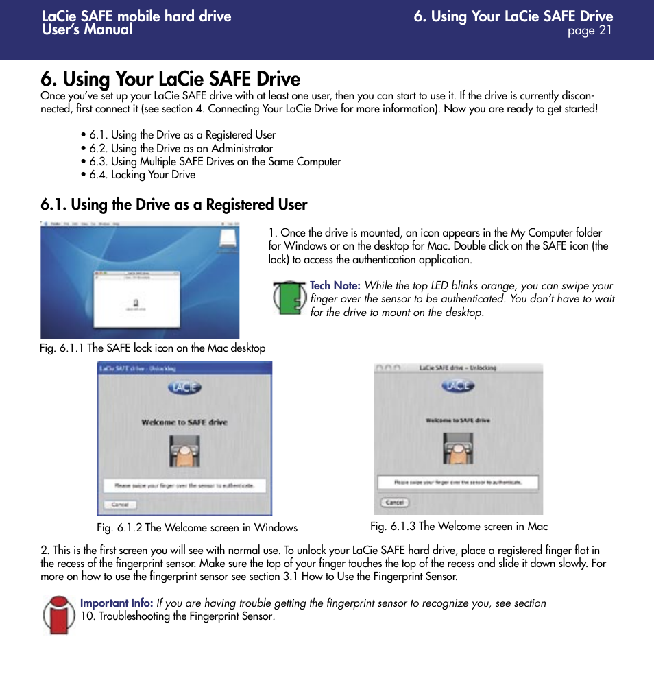 Using your lacie safe drive, Using the drive as a registered user | LaCie 1.0 User Manual | Page 22 / 51