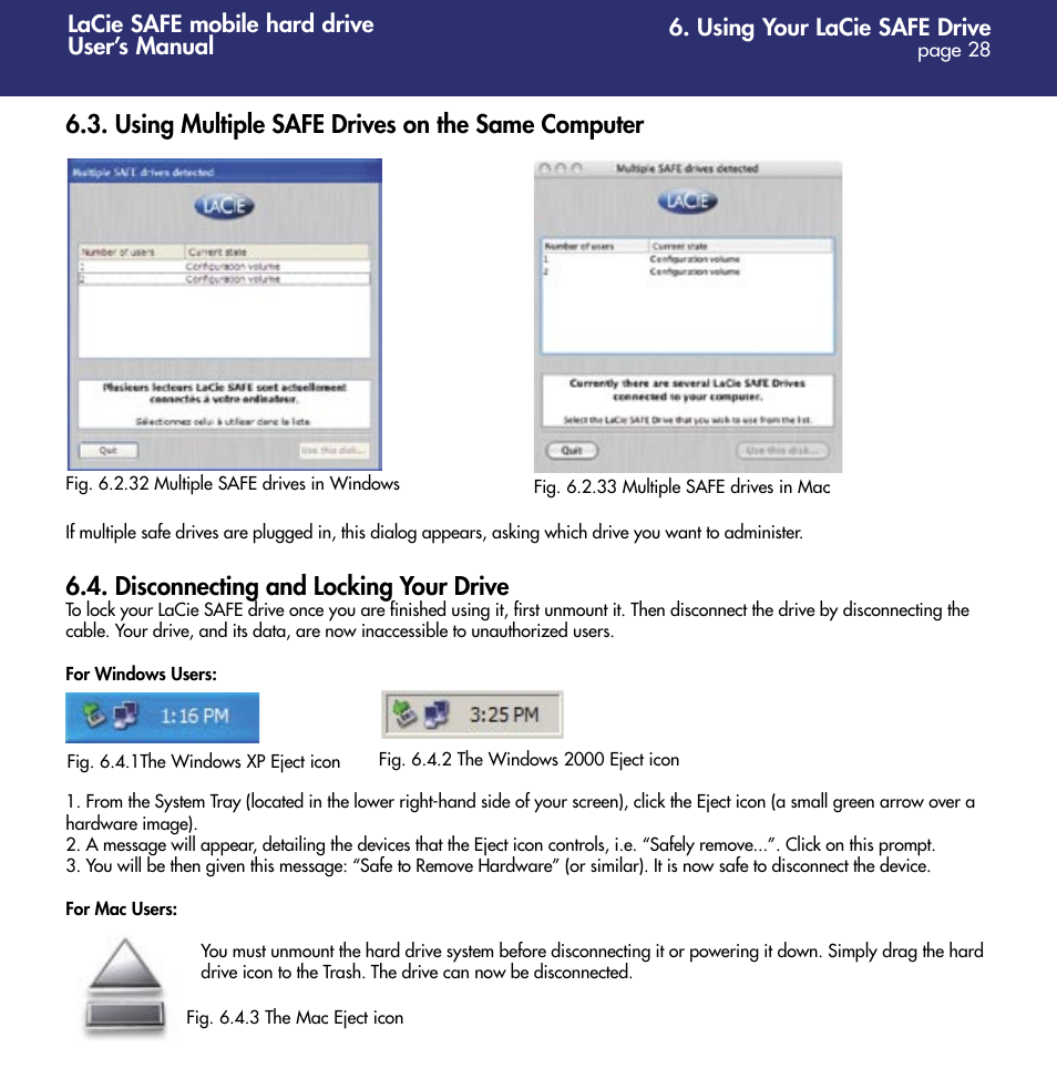 Using multiple safe drives on the same computer, Disconnecting and locking your drive | LaCie 1.0 User Manual | Page 29 / 51