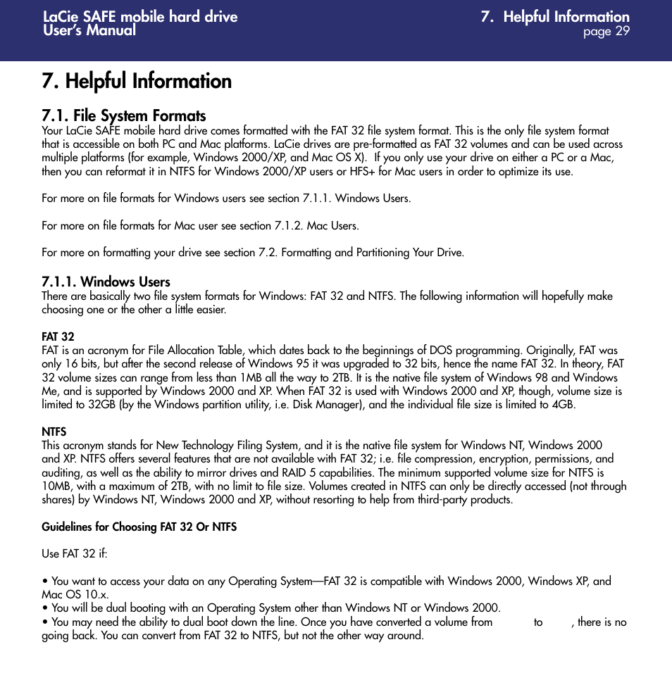 Helpful information, File system formats | LaCie 1.0 User Manual | Page 30 / 51