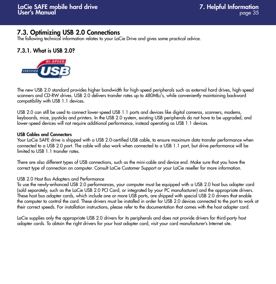 Optimizing usb 2.0 connections | LaCie 1.0 User Manual | Page 36 / 51