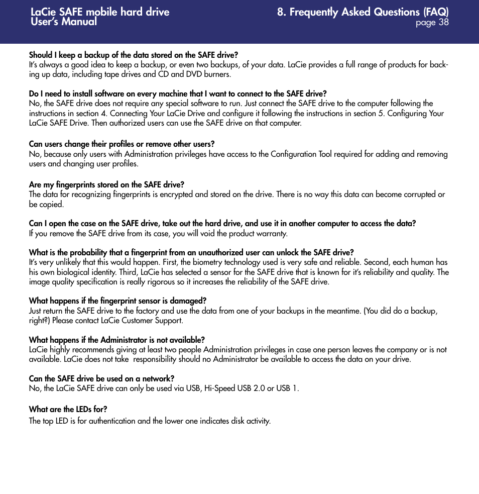 Frequently asked questions (faq), Lacie safe mobile hard drive user’s manual | LaCie 1.0 User Manual | Page 39 / 51