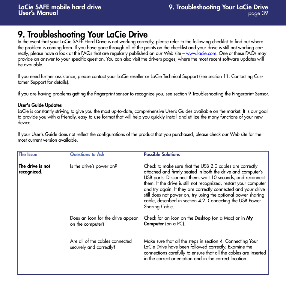 Troubleshooting your lacie drive | LaCie 1.0 User Manual | Page 40 / 51