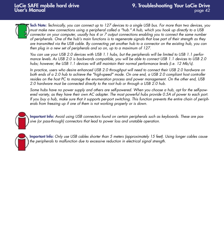 Troubleshooting your lacie drive, Lacie safe mobile hard drive user’s manual | LaCie 1.0 User Manual | Page 43 / 51