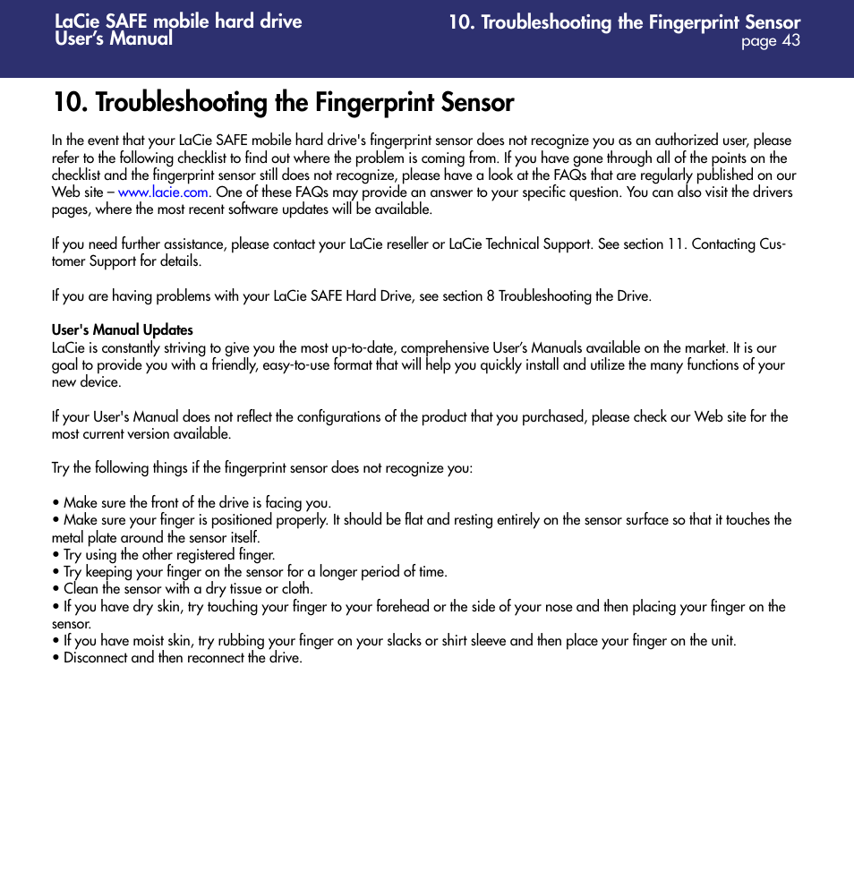 Troubleshooting the fingerprint sensor | LaCie 1.0 User Manual | Page 44 / 51
