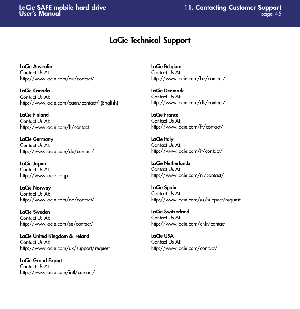 Lacie technical support, Contacting customer support, Lacie safe mobile hard drive user’s manual | LaCie 1.0 User Manual | Page 46 / 51