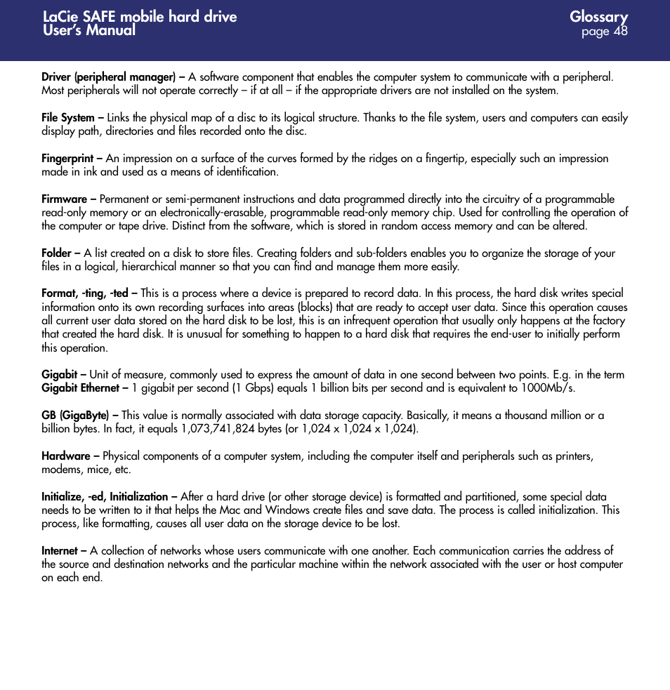 Glossary, Lacie safe mobile hard drive user’s manual | LaCie 1.0 User Manual | Page 49 / 51