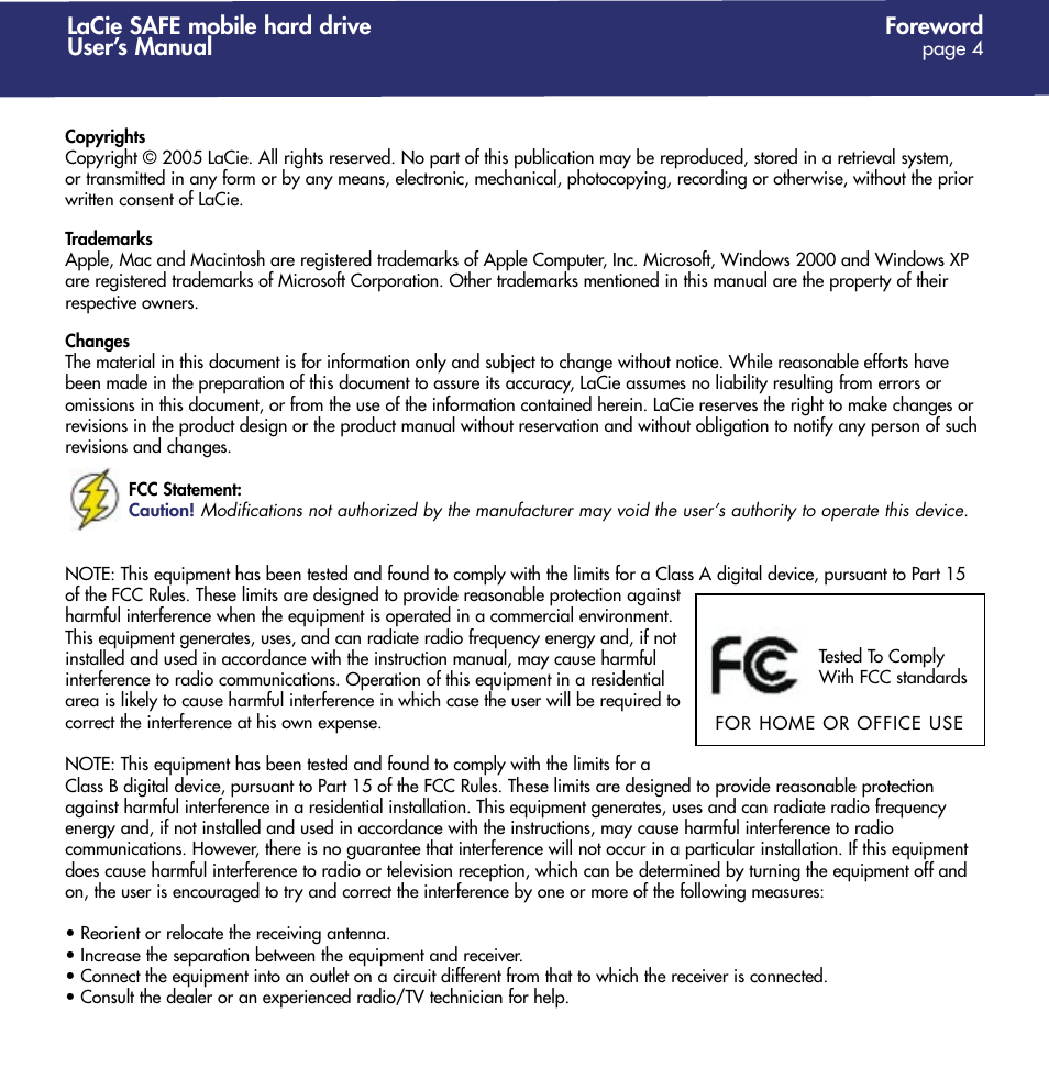 Foreword, Lacie safe mobile hard drive user’s manual | LaCie 1.0 User Manual | Page 5 / 51