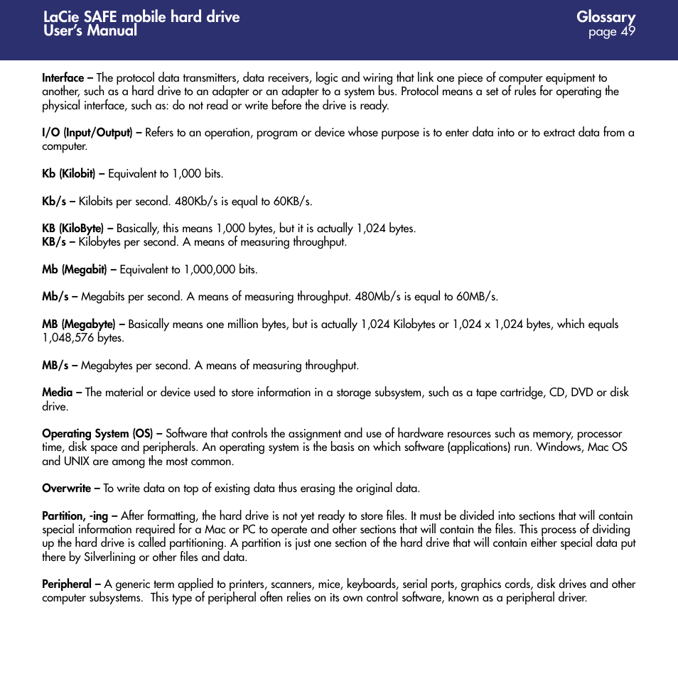 Glossary, Lacie safe mobile hard drive user’s manual | LaCie 1.0 User Manual | Page 50 / 51