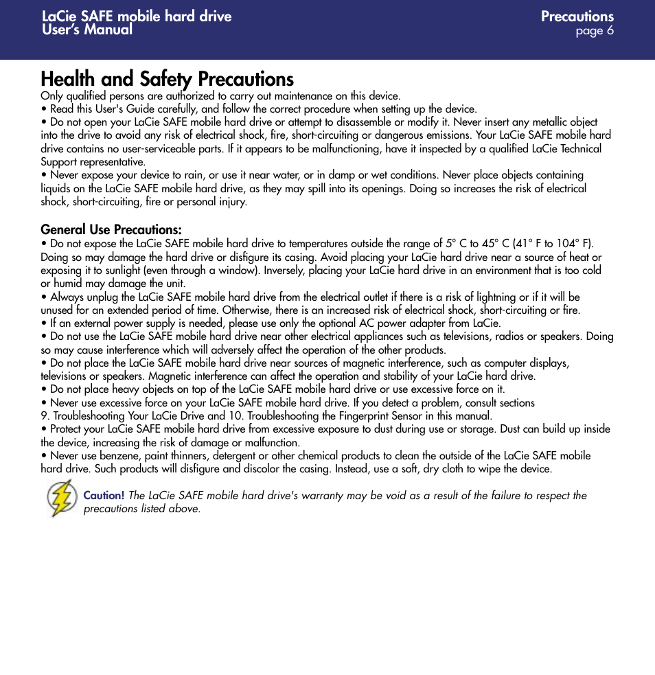 Health and safety precautions | LaCie 1.0 User Manual | Page 7 / 51