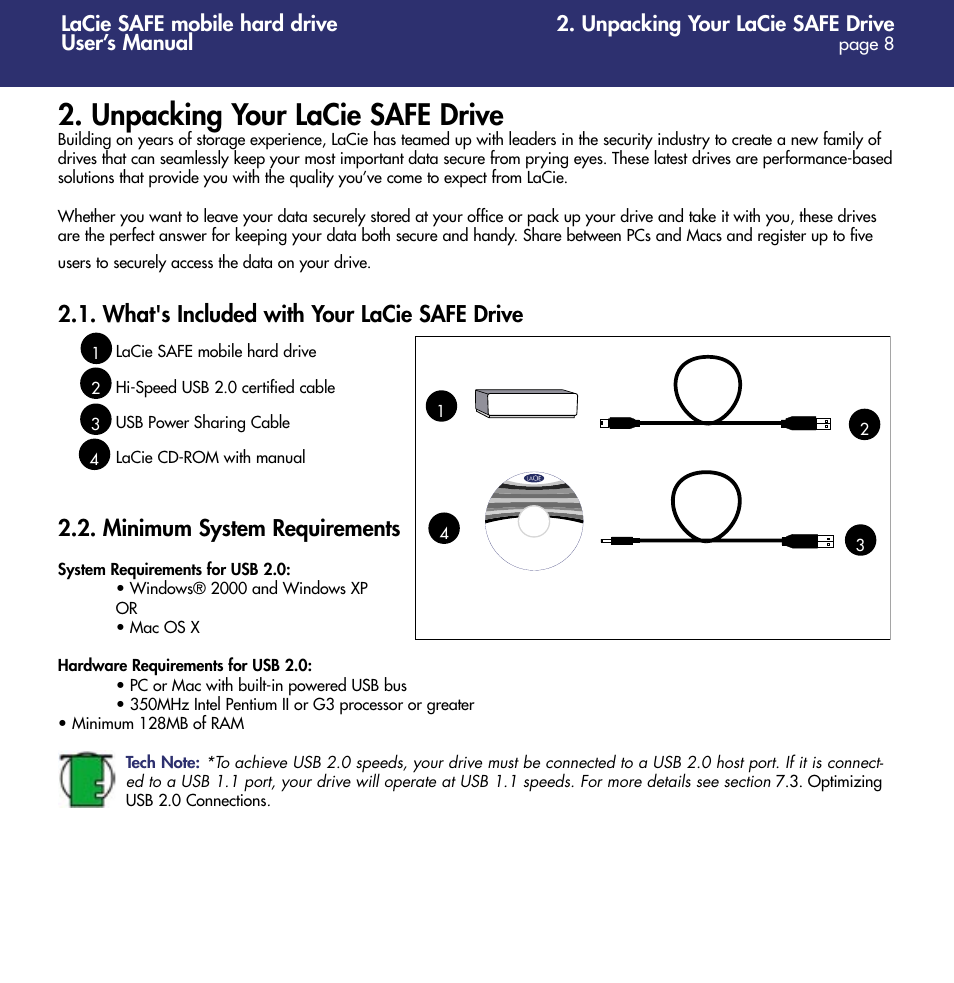 Unpacking your lacie safe drive, What's included with your lacie safe drive, Minimum system requirements | LaCie 1.0 User Manual | Page 9 / 51