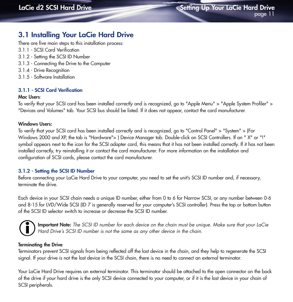 1 installing your lacie hard drive, 1 scsi card verification, 2 setting the scsi id number | LaCie DELL PRECISION KY0730482 User Manual | Page 11 / 35