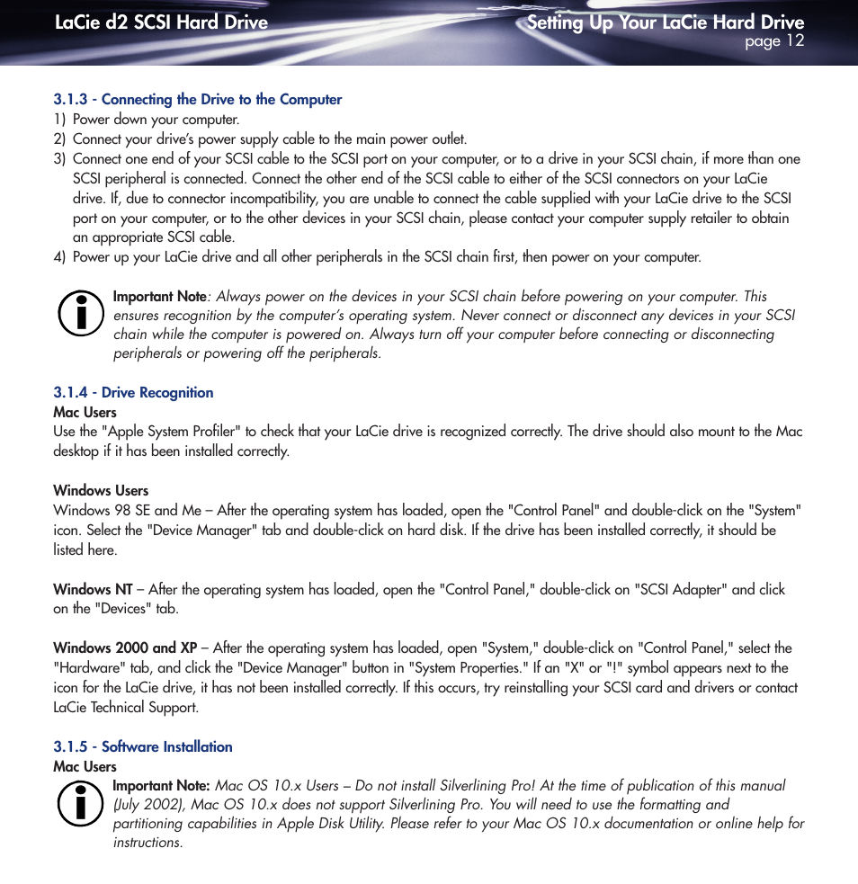 3 connecting the drive to the computer, 4 drive recognition, 5 software installation | Setting up your lacie hard drive, Lacie d2 scsi hard drive | LaCie DELL PRECISION KY0730482 User Manual | Page 12 / 35