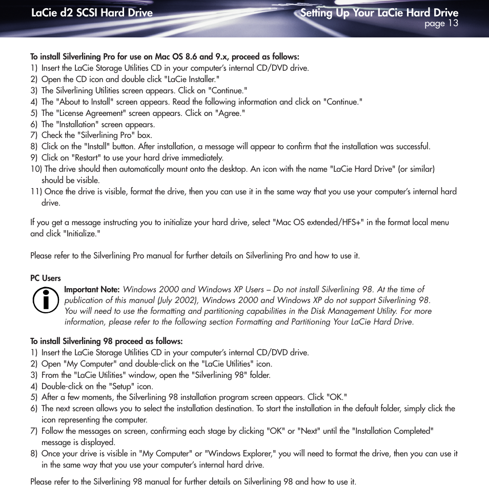 Setting up your lacie hard drive, Lacie d2 scsi hard drive | LaCie DELL PRECISION KY0730482 User Manual | Page 13 / 35