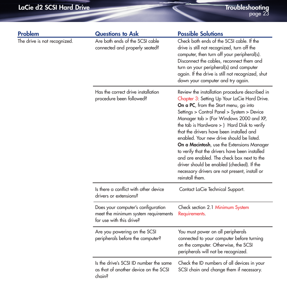 Troubleshooting, Lacie d2 scsi hard drive | LaCie DELL PRECISION KY0730482 User Manual | Page 23 / 35