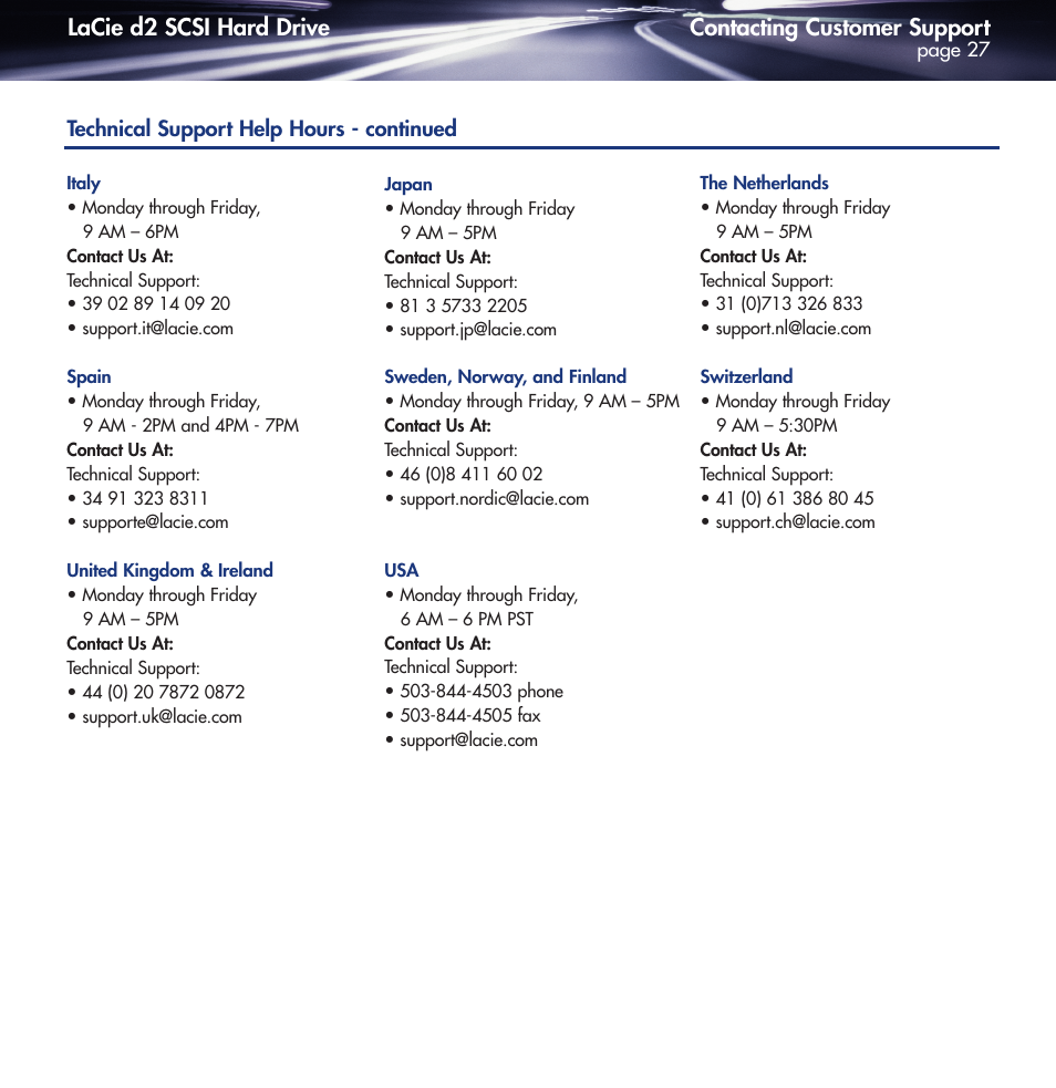 Contacting customer support, Lacie d2 scsi hard drive | LaCie DELL PRECISION KY0730482 User Manual | Page 27 / 35