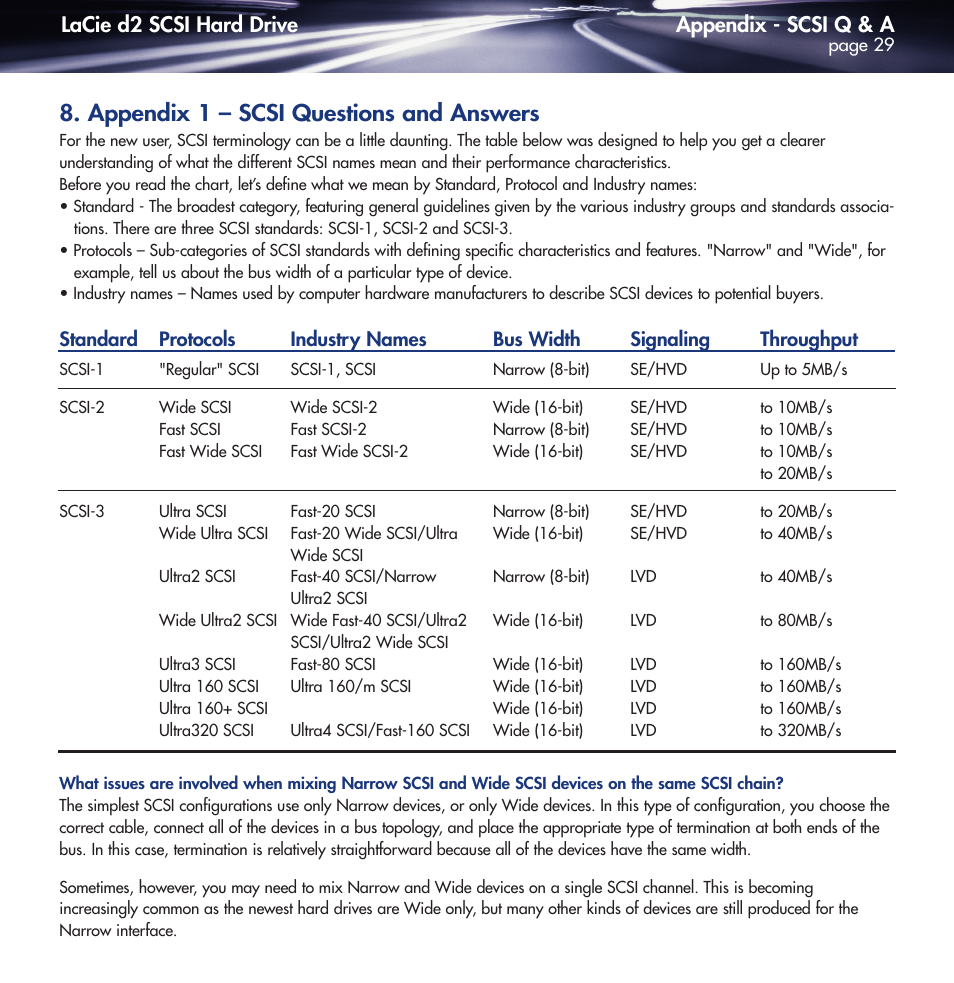 Appendix, Appendix 1 – scsi questions and answers, Appendix - scsi q & a | Lacie d2 scsi hard drive | LaCie DELL PRECISION KY0730482 User Manual | Page 29 / 35