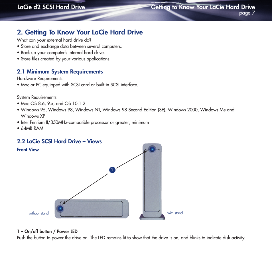 Getting to know your lacie hard drive, 1 minimum system requirements, 2 lacie scsi hard drive - views | LaCie DELL PRECISION KY0730482 User Manual | Page 7 / 35
