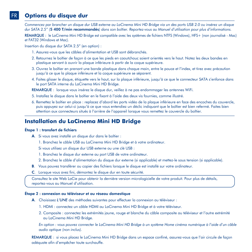 Options du disque dur, Installation du lacinema mini hd bridge | LaCie La Cinema Mini BridgeHD User Manual | Page 14 / 48