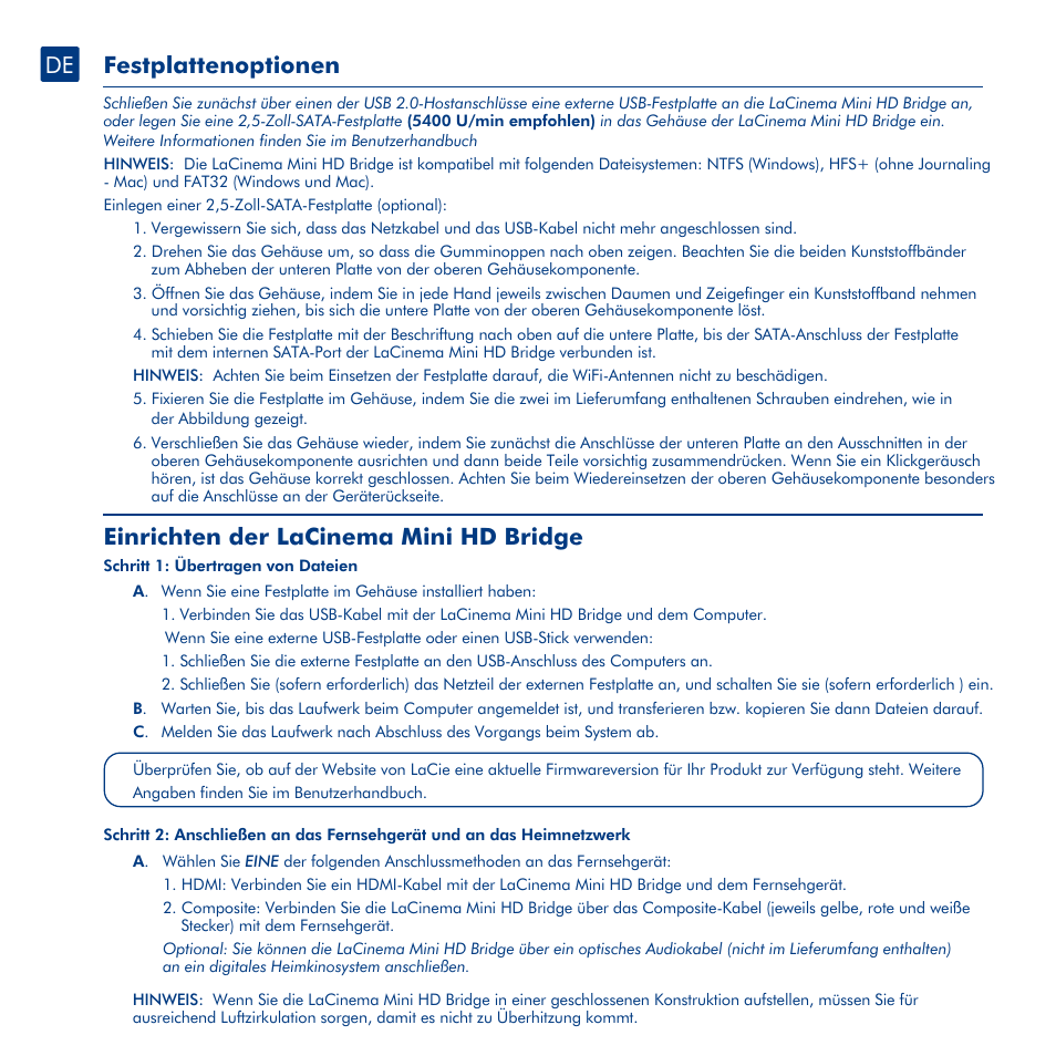 Festplattenoptionen, Einrichten der lacinema mini hd bridge | LaCie La Cinema Mini BridgeHD User Manual | Page 18 / 48