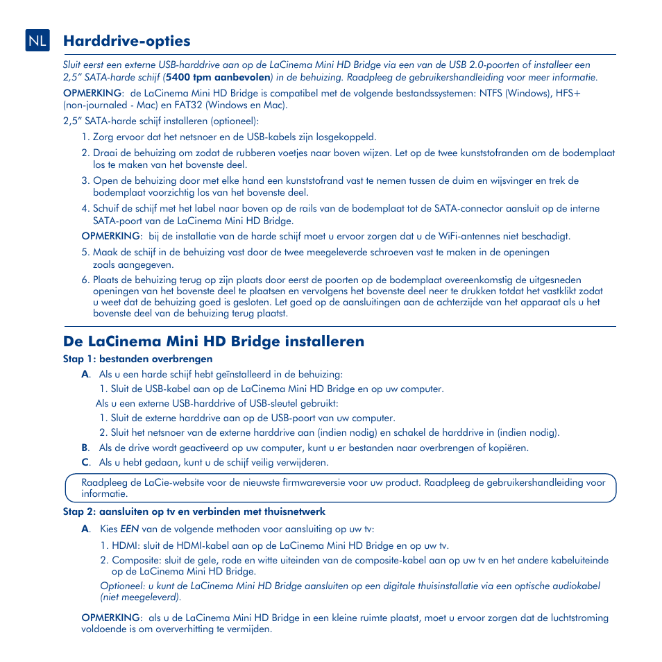 Harddrive-opties, De lacinema mini hd bridge installeren | LaCie La Cinema Mini BridgeHD User Manual | Page 22 / 48